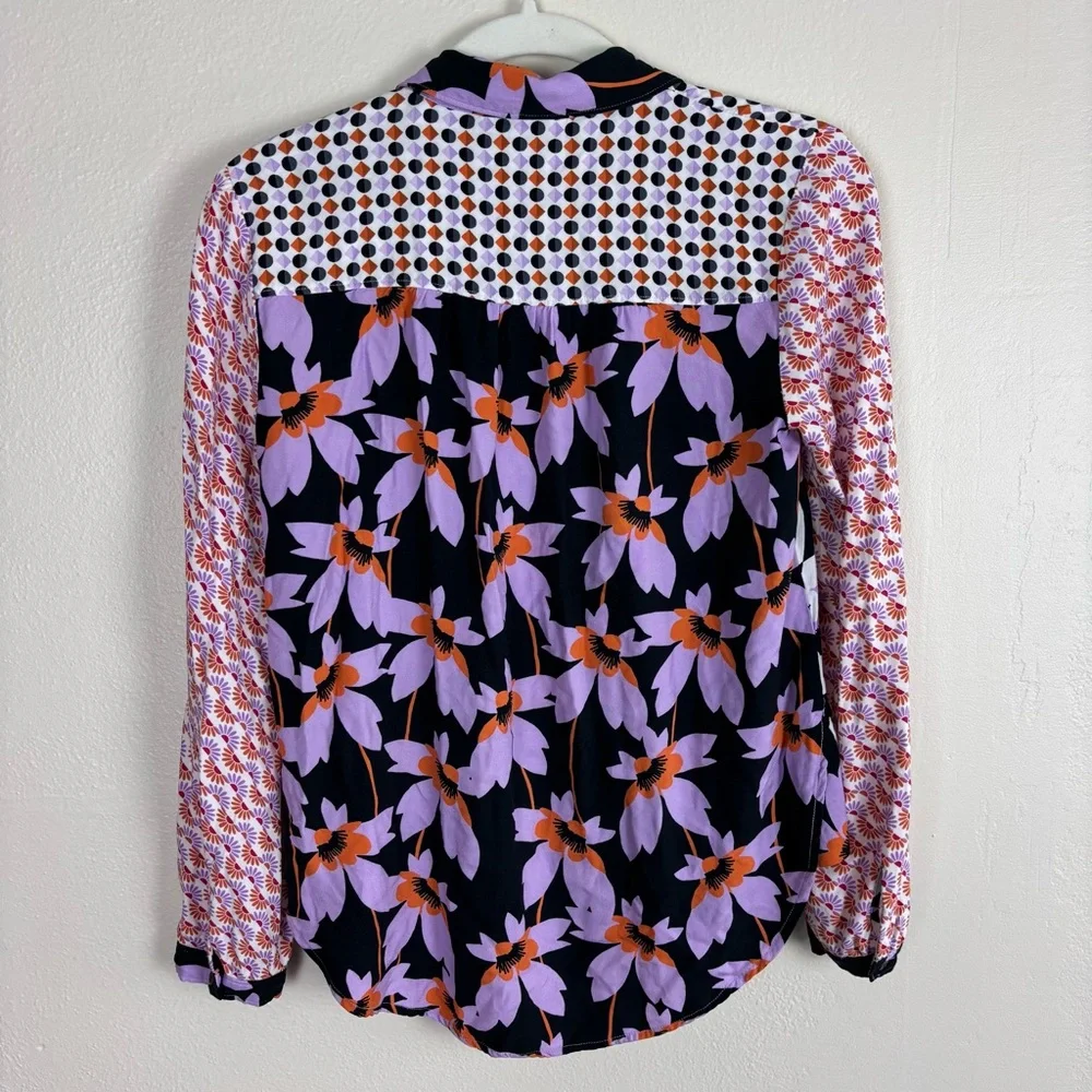 Anthropologie Maeve The Paz Button Down Blouse Size XS Patchwork Bird Novelty - Picture 5 of 7